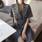 Elbow-sleeve Plaid Double Breasted A-line Mini Dress