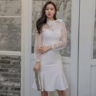 Long-sleeve Lace Panel Godet Sheath Dress