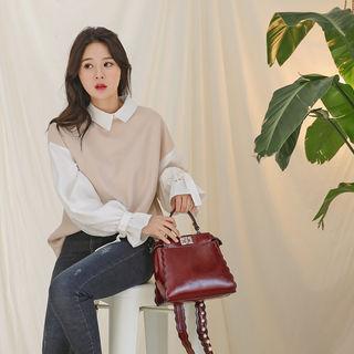 Buckle-cuff Two-tone Blouse