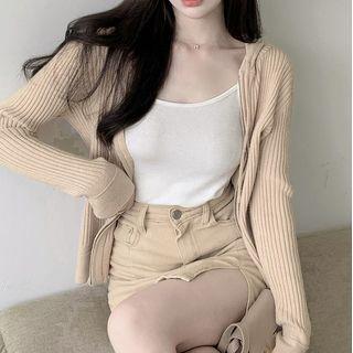 Ribbed Knit Zip Hoodie / Camisole Top / Slit Mini Skirt