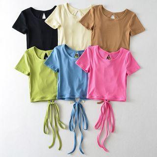 Short-sleeve Plain Open-back Tie-strap T-shirt