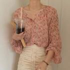 Balloon-sleeve Floral Print Chiffon Blouse Floral - Pink - One Size