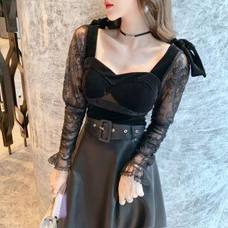 Puff-sleeve Paneled Velvet Blouse