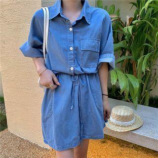Elbow-sleeve Denim Shirt Romper