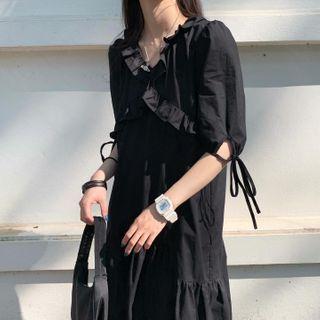 Asymmetrical Ruffle Panel A-line Dress Black - One Size