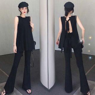 Set: Open-back Sleeveless Top + Boot-cut Pants Black - One Size