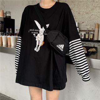 Long-sleeve Panel Cartoon-print T-shirt