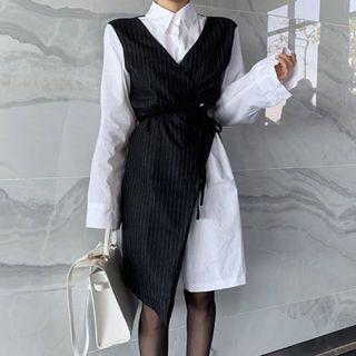 Pinstriped Mock Two-piece Shirtdress As Shown In Figure - One Size
