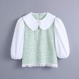 Puff-sleeve Print Panel Tasseled Blouse