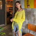 V-neck Long-sleeve Cutout-hem Fringed Knit Top