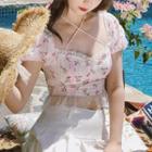 Print Lace Cross Lace-up Top