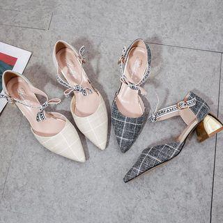Plaid Chunky Heel Pointed Sandals