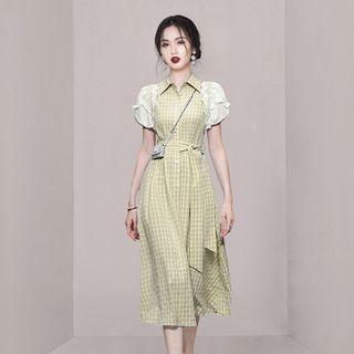 Puff-sleeve Plaid Midi A-line Shirtdress