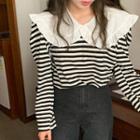 Long-sleeve Collared Striped Top Stripes - Black & White - One Size