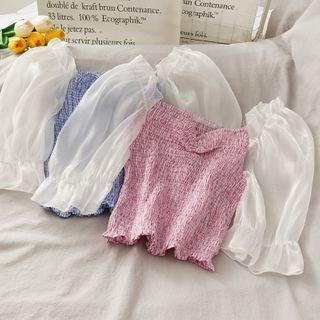 Mesh-sleeve Smocked Crop Top