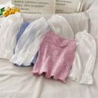 Mesh-sleeve Smocked Crop Top