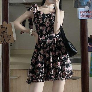 Tie-strap Floral Print Mini A-line Dress