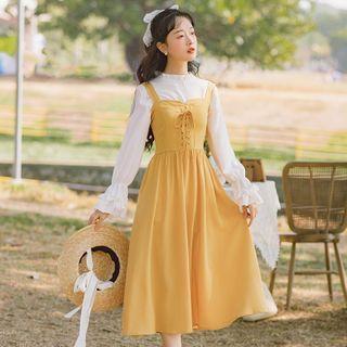 Flared-cuff Ruffled Blouse / Lace-up Midi Jumper Dress / Set