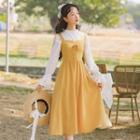 Flared-cuff Ruffled Blouse / Lace-up Midi Jumper Dress / Set