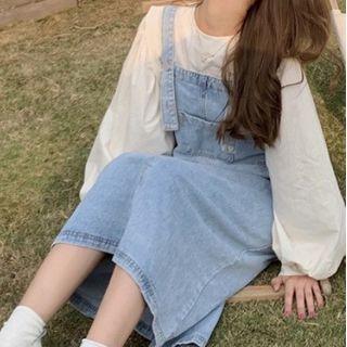 Plain Puff-sleeve Blouse / Denim Midi Pinafore Dress