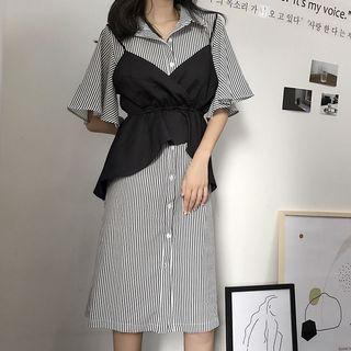 Set: Striped Elbow Sleeve Shirt Dress + Plain Camisole Top