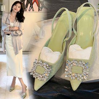 Rhinestone Buckled Slingback High-heel Mules