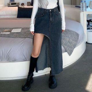 Irregular Cutout Midi A-line Denim Skirt
