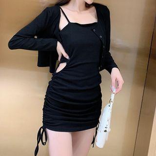 Set: Spaghetti-strap Cutout Waist Drawstring Sheath Dress + Plain Light Jacket