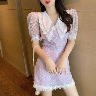 Puff-sleeve Lace Top / Mini Skirt