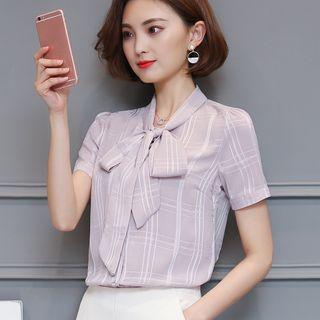 Short-sleeve Chiffon Plaid Slim Bow Blouse