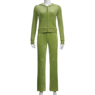 Velvet Zip-up Hooded Jacket / Wide Leg Pants / Set