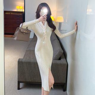 V-neck Slit Knit Midi Bodycon Dress