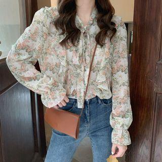 Long-sleeve Floral Print Ruffled Tie-neck Blouse
