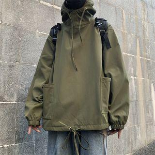 Plain Side-pocket Drawstring Hem Hooded Windbreaker