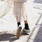 Band-waist Crinkled Velvet Midi Skirt
