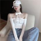 Off-shoulder Long Sleeve Lettuce-edge Crop Top With Neck Bow