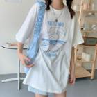 Elbow-sleeve Print T-shirt Blue & White - One Size