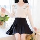 Long-sleeve Floral Embroidered Knit Top / Pleated A-line Mini Skirt / Set