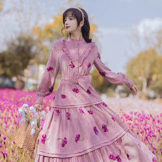 Long-sleeve Floral Embroidered Corduroy Maxi A-line Dress