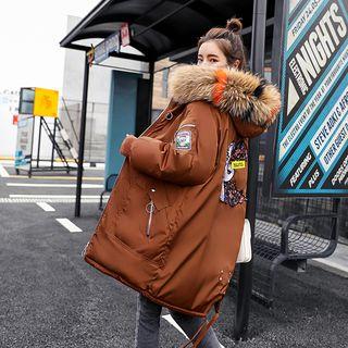 Crane Embroidered Furry-trim Hooded Zip Padded Coat