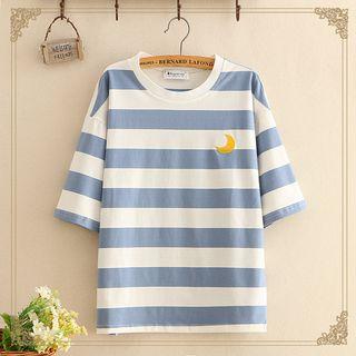 Moon Embroidered Stripe Elbow-sleeve Top