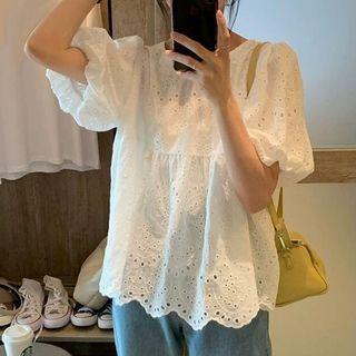 Puff Sleeve Eyelet Lace Blouse White - One Size