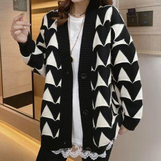 Long-sleeve Contrast Color Jacquard Cardigan Black - One Size