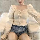Shirred Long-sleeve Slim-fit Blouse Almond - One Size
