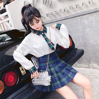 Set: Plaid Trim Shirt + Pleated Skirt