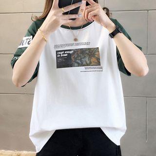 Printed Elbow-sleeve Raglan T-shirt