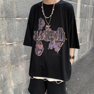Short-sleeve Butterfly Print Distressed T-shirt