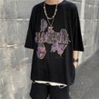 Short-sleeve Butterfly Print Distressed T-shirt