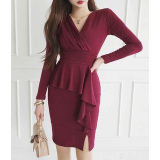 Wrap-front Ruffle-trim Bodycon Dress