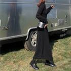 Fringed Hem Long-sleeve Midi A-line Dress Black - One Size